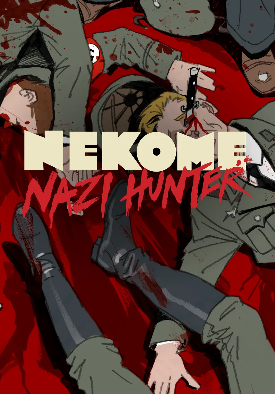 Nekome: Nazi Hunter cover art: a blood-red floor strewn with fallen soldiers, the Nekome logo across the middle